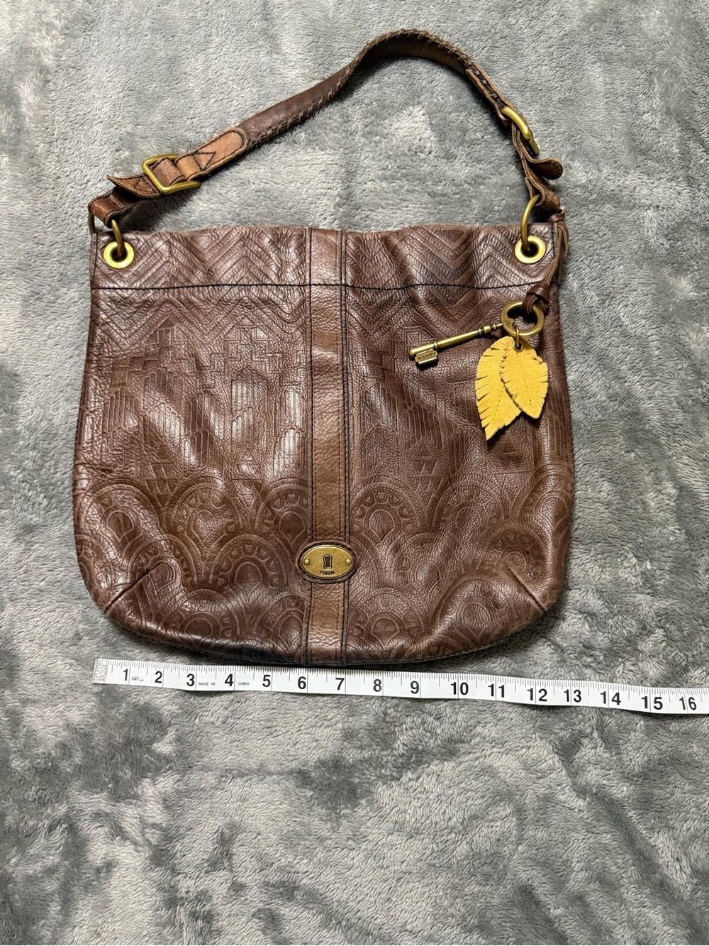 Fossil Brown Embossed Leather Hobo with Yellow Leaf Charm